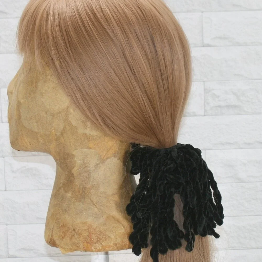 HAND CRAFTED Hair Scrunchie Fringe Crochet Kids Chenille Velvet Oversized Black